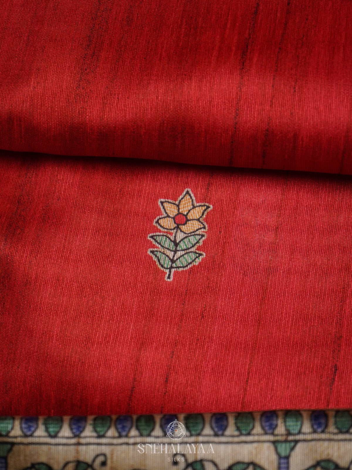 Red Printed Madhubani Saree