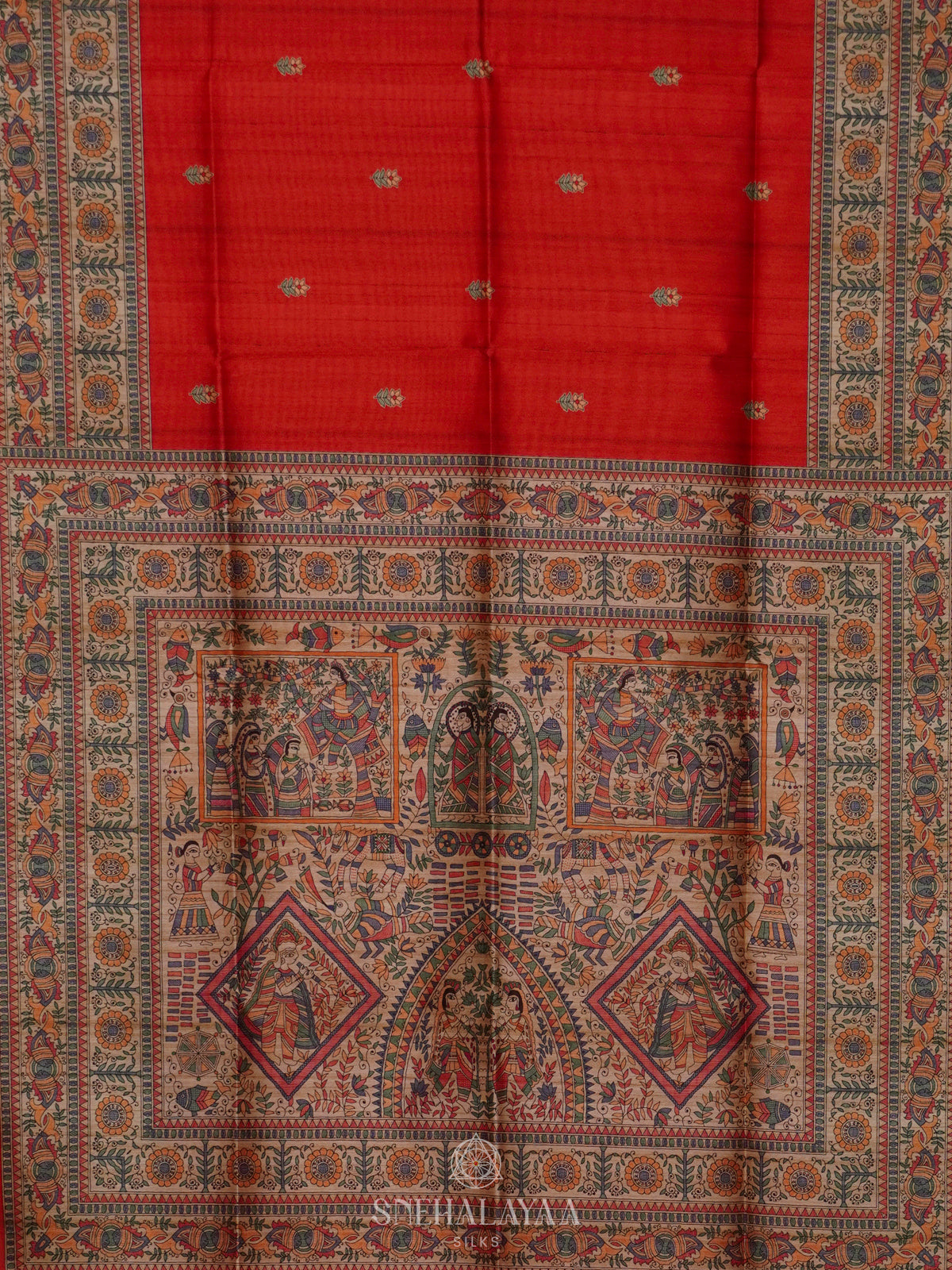 Red Printed Madhubani Saree