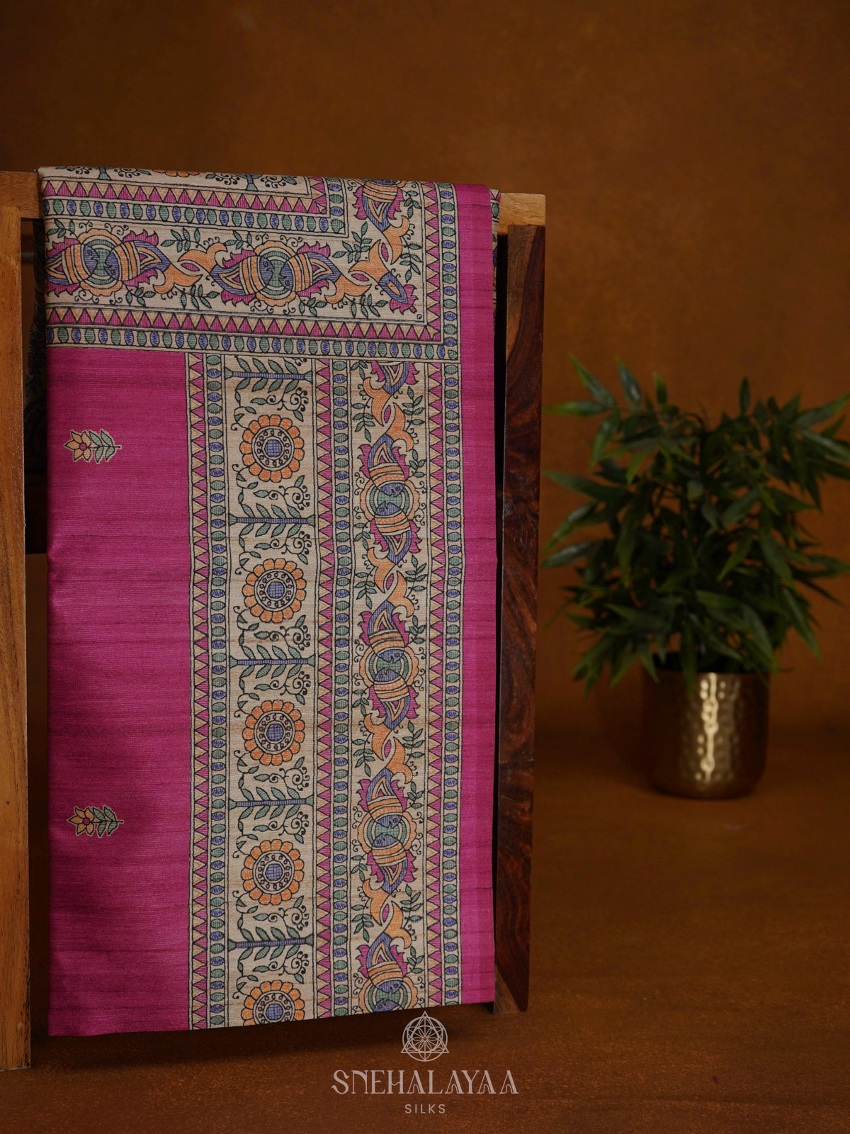 Magenta Pink Printed Madhubani Saree