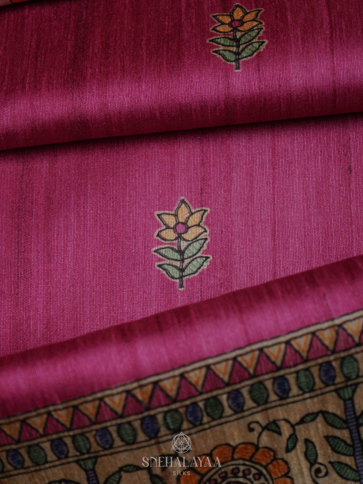 Magenta Pink Printed Madhubani Saree