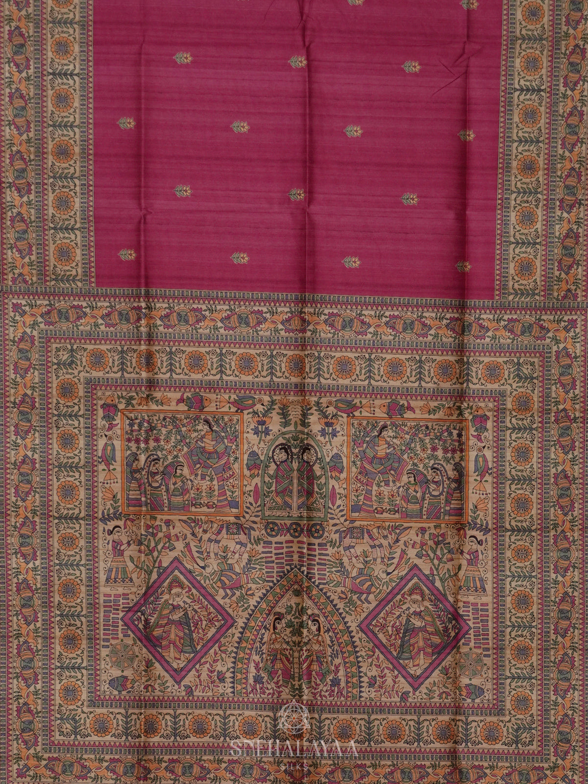 Magenta Pink Printed Madhubani Saree