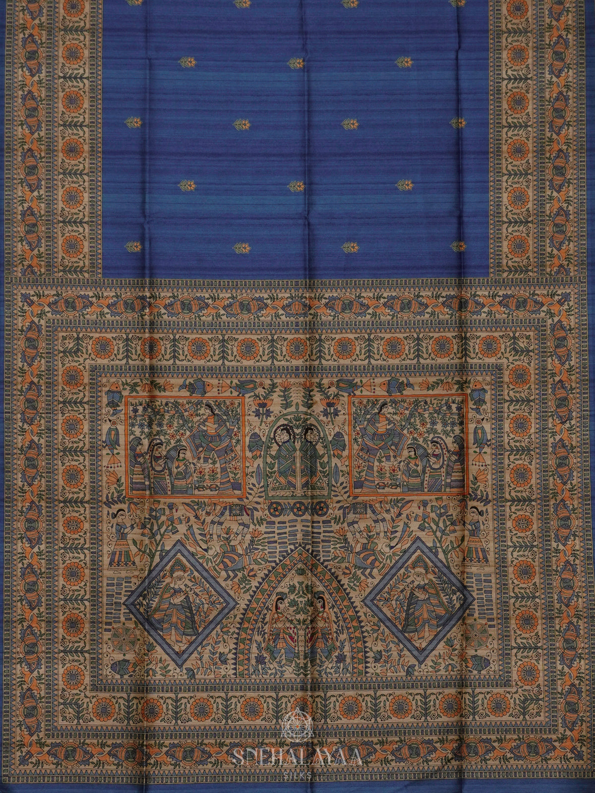Blue Printed Madhubani Saree