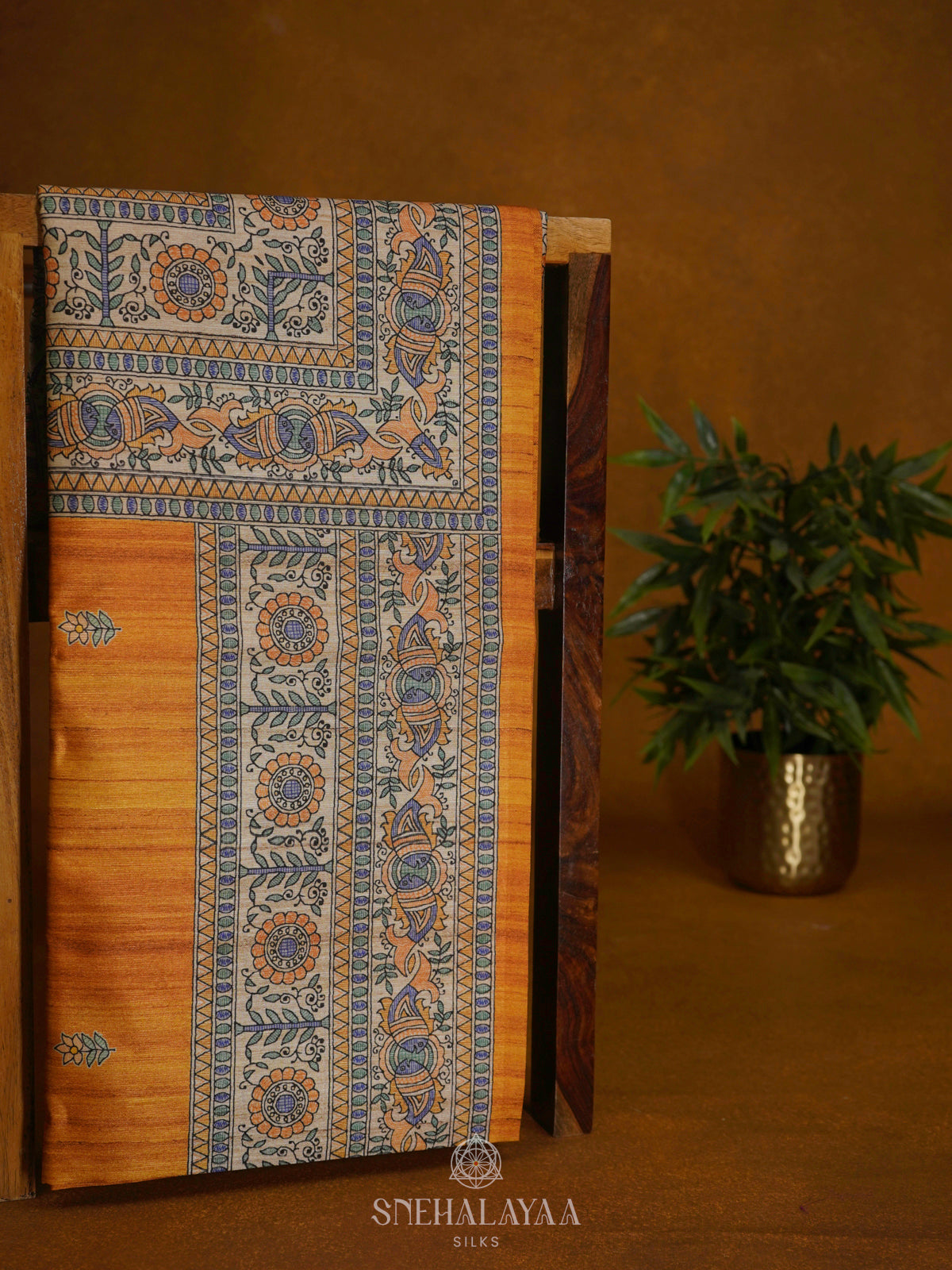 Orange Printed Madhubani Saree