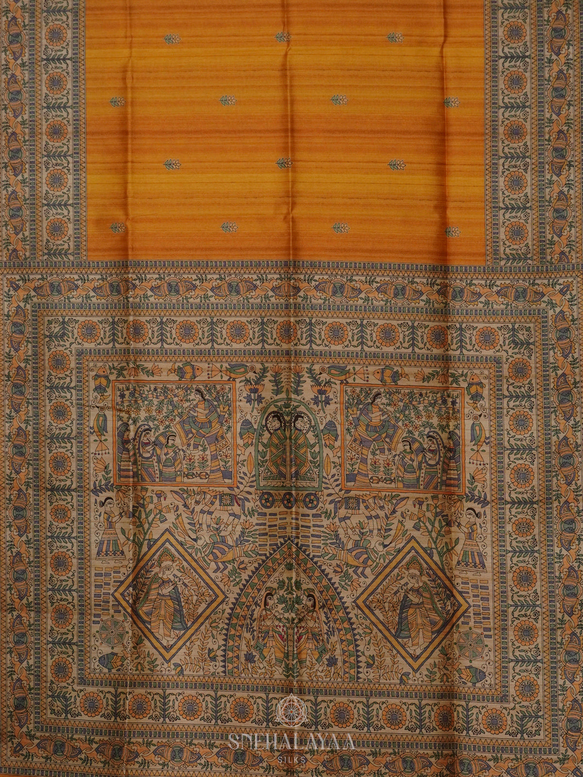 Orange Printed Madhubani Saree