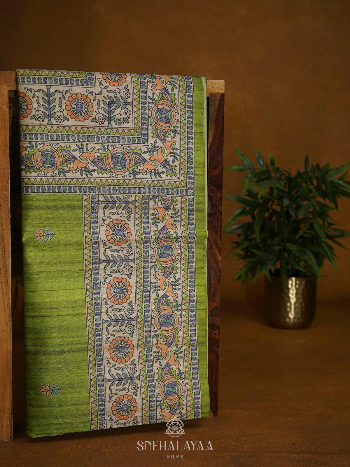 Lime Green Printed Madhubani Saree