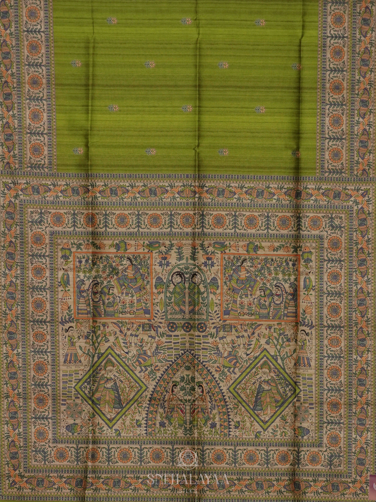 Lime Green Printed Madhubani Saree