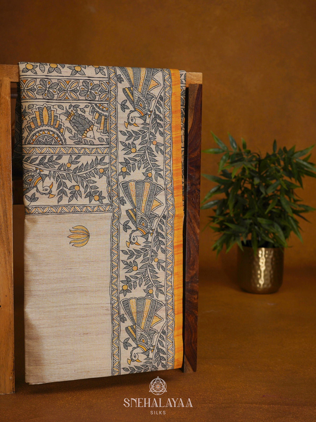 Beige with Yellow Border Printed Madhubani Saree
