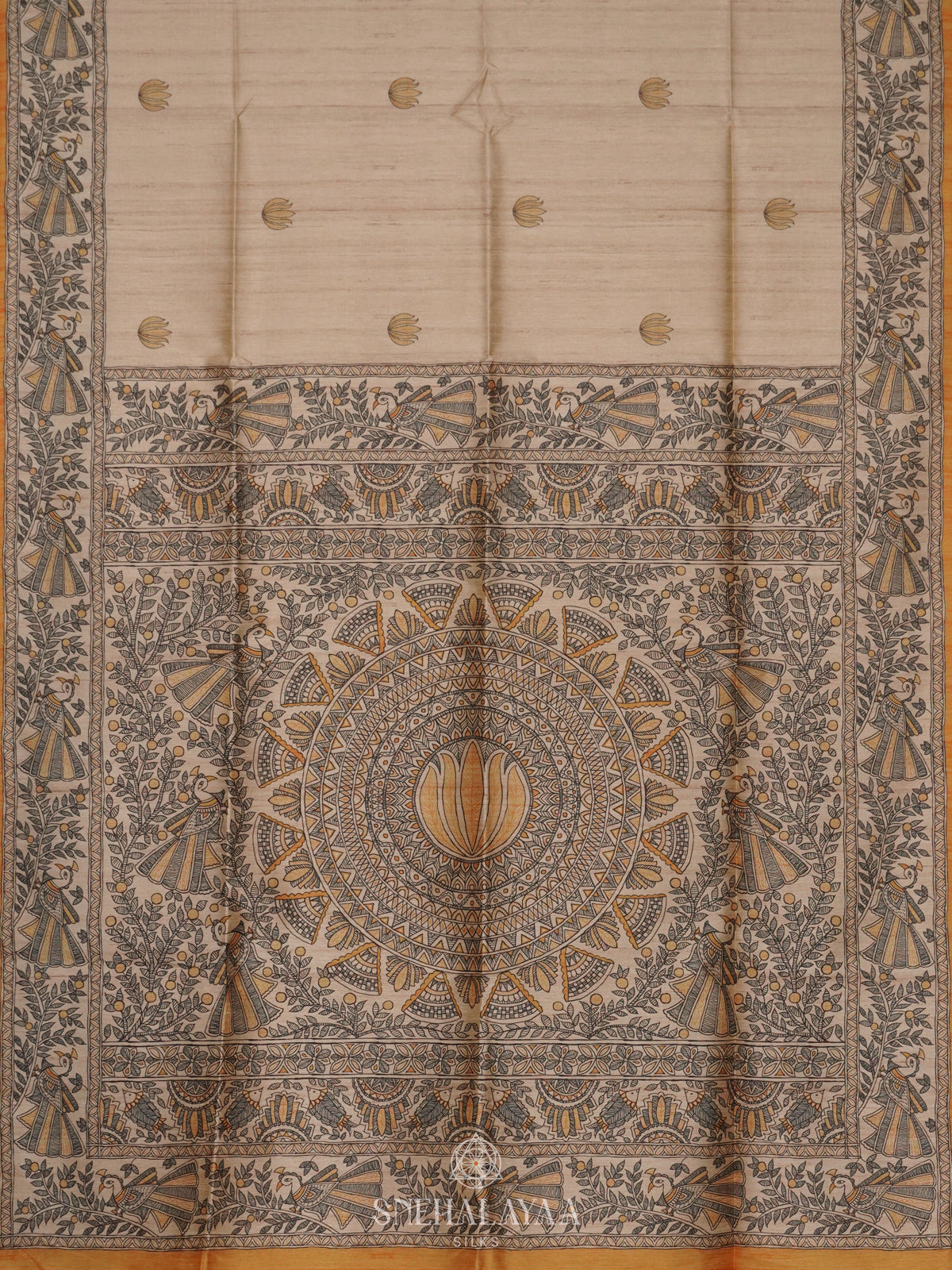 Beige with Yellow Border Printed Madhubani Saree