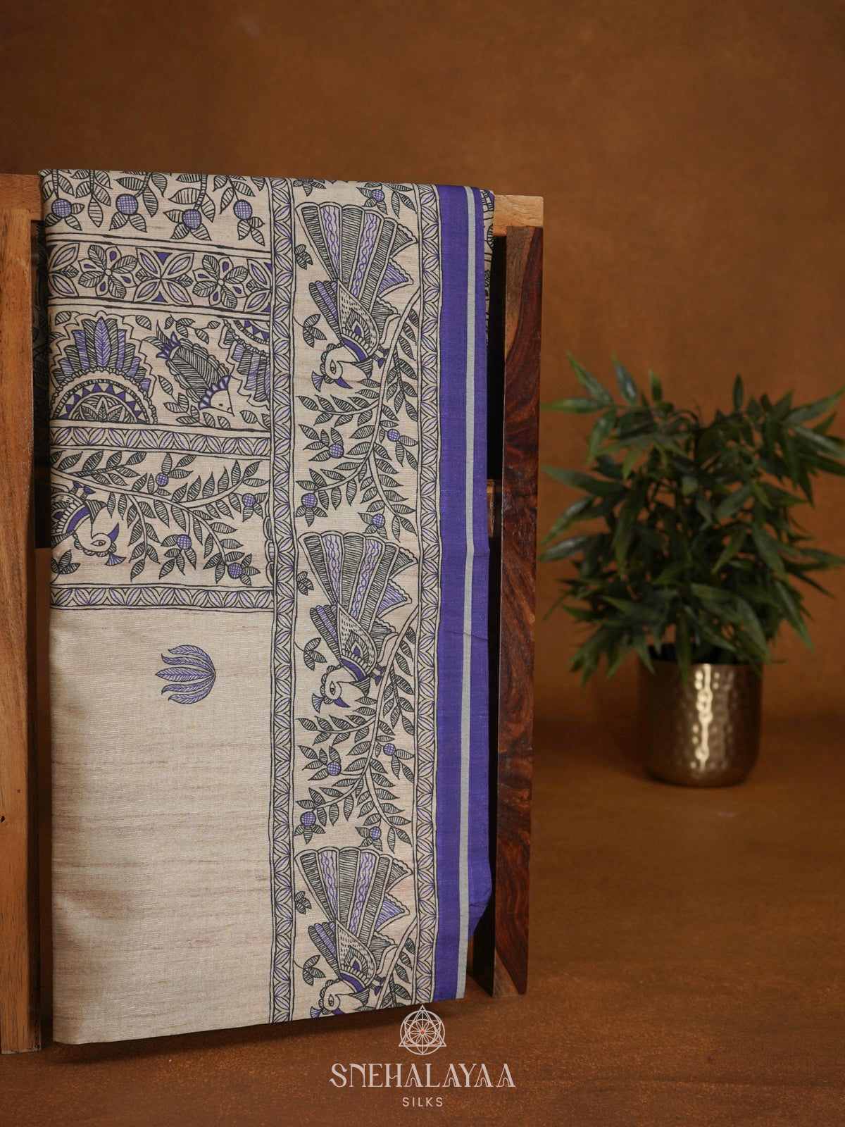 Beige with Blue Border Printed Madhubani Saree