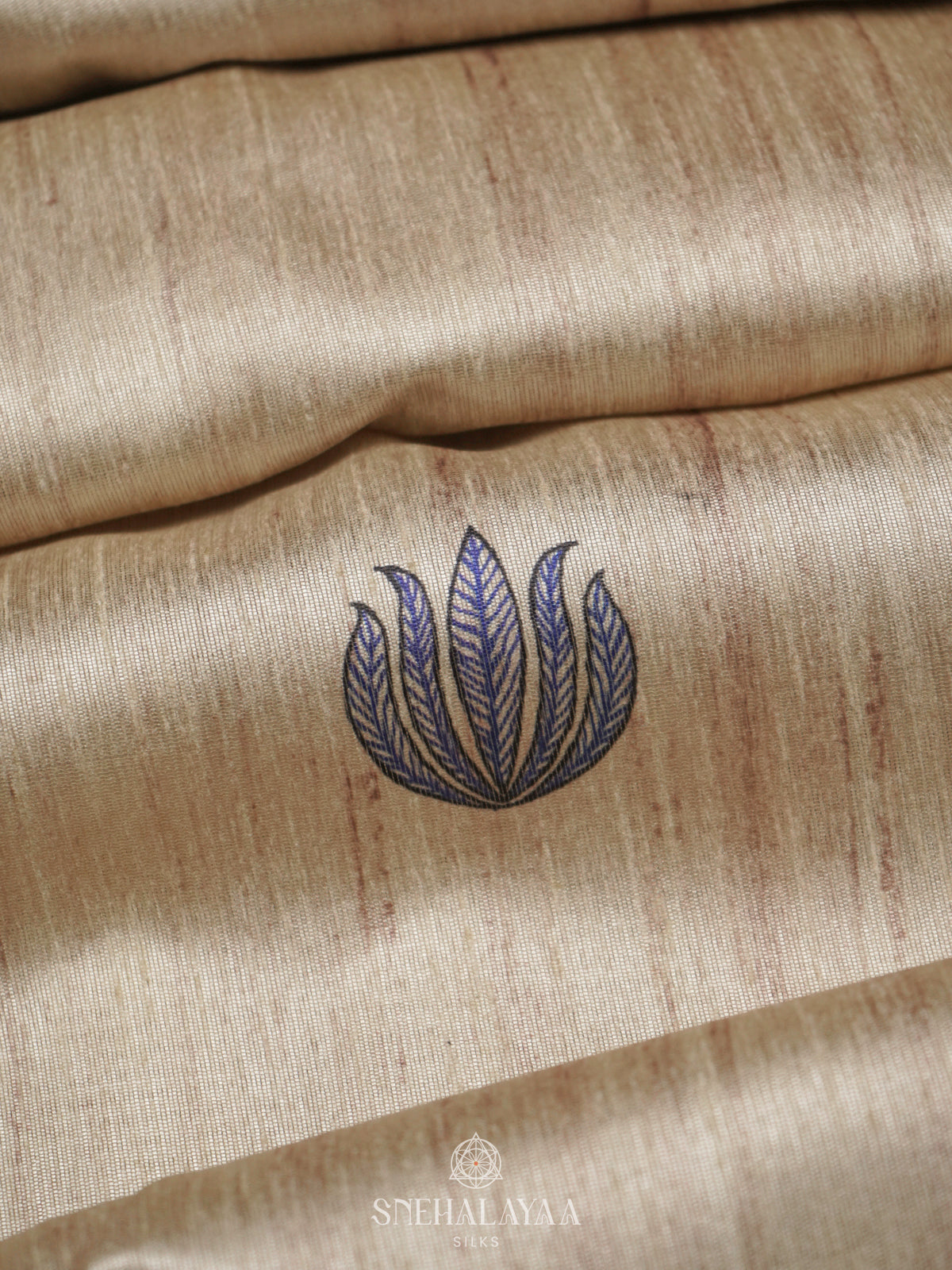 Beige with Blue Border Printed Madhubani Saree