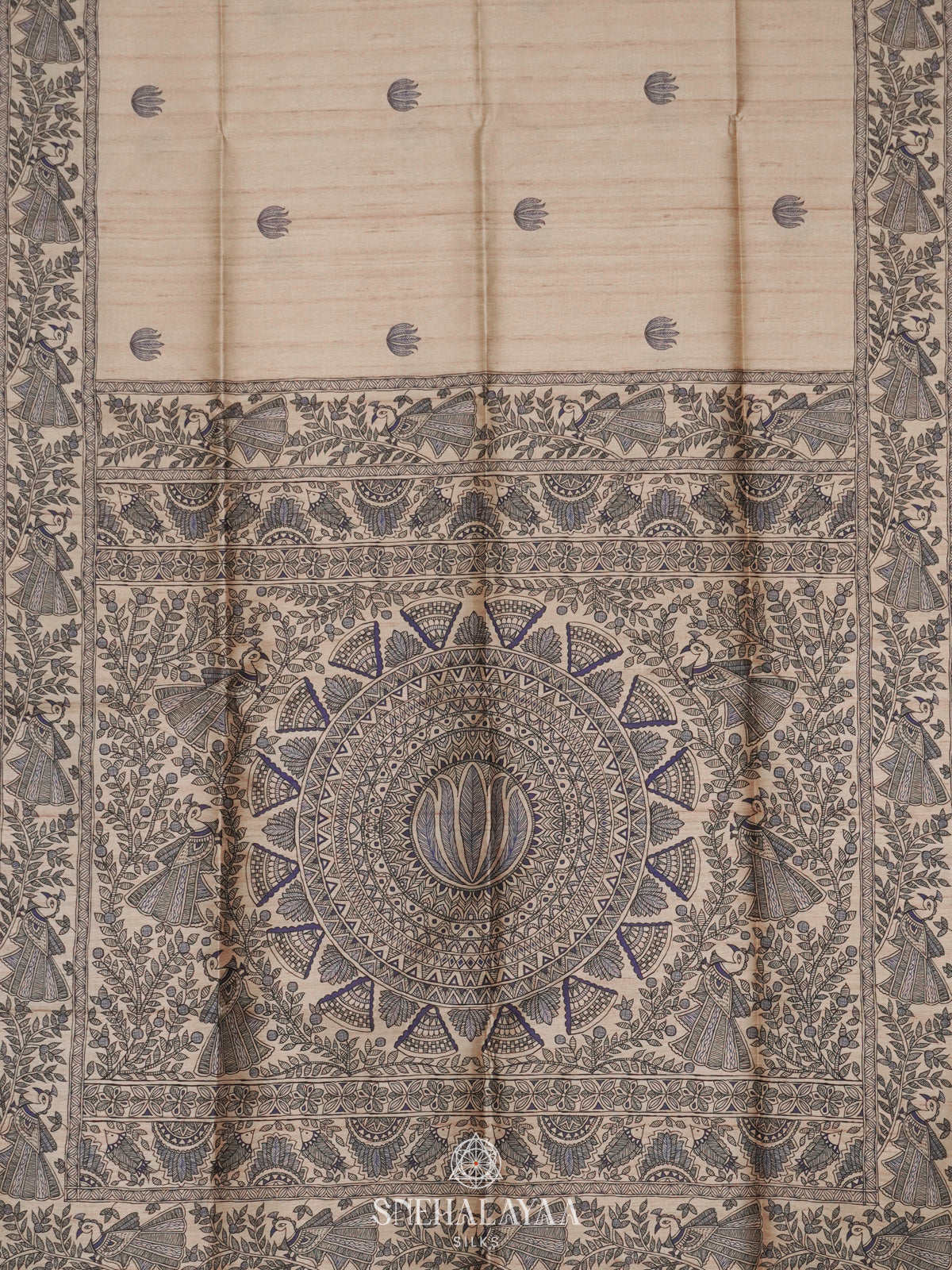 Beige with Blue Border Printed Madhubani Saree