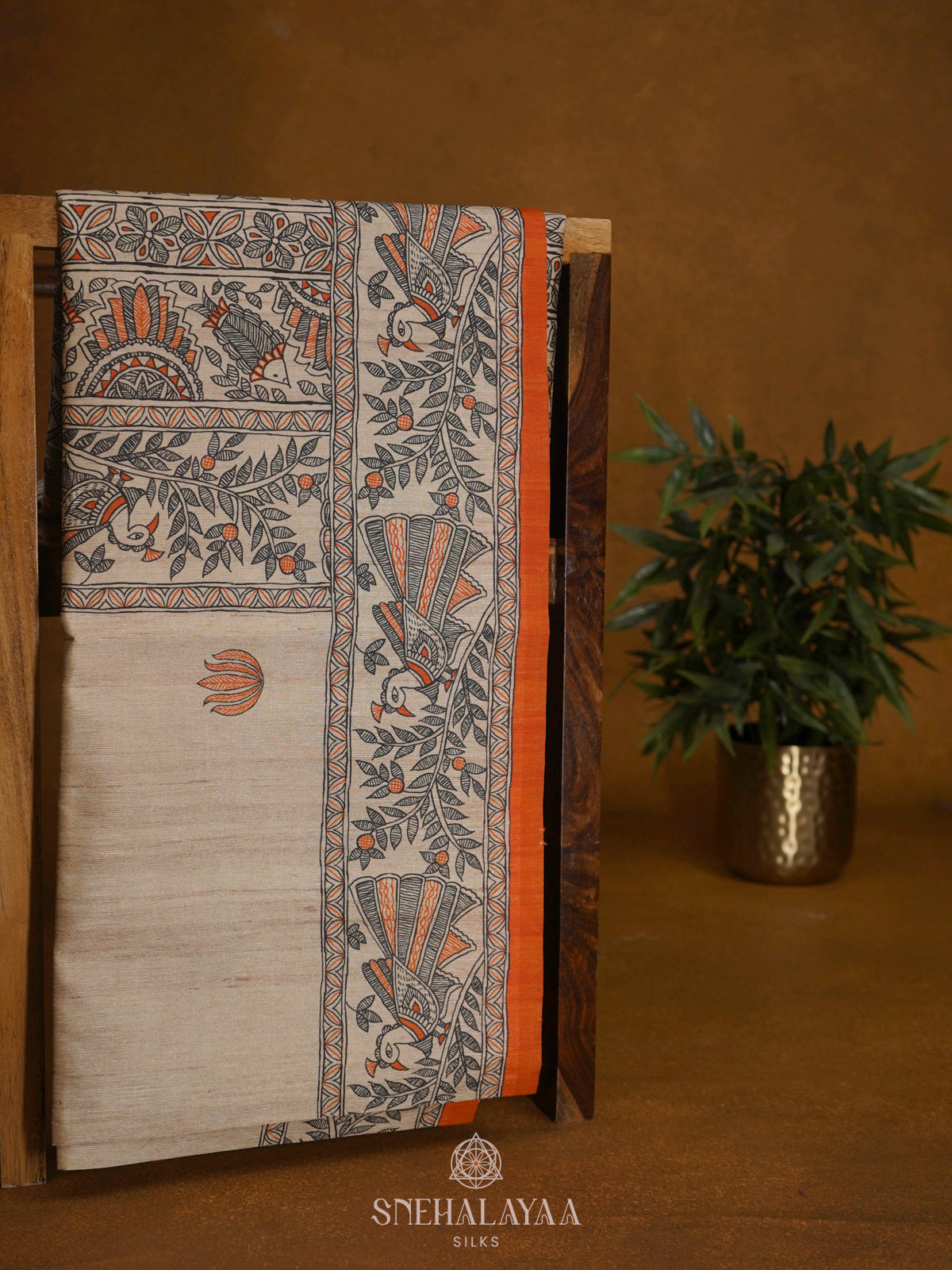 Beige with Orange Border Printed Madhubani Saree