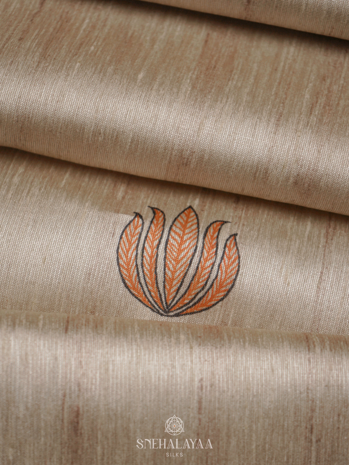 Beige with Orange Border Printed Madhubani Saree