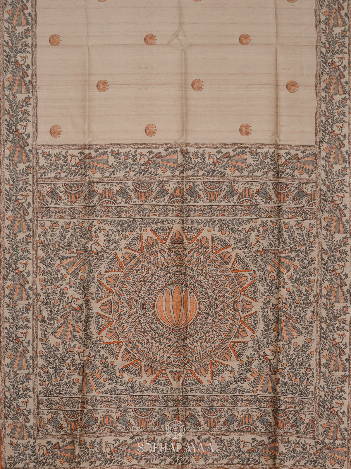 Beige with Orange Border Printed Madhubani Saree