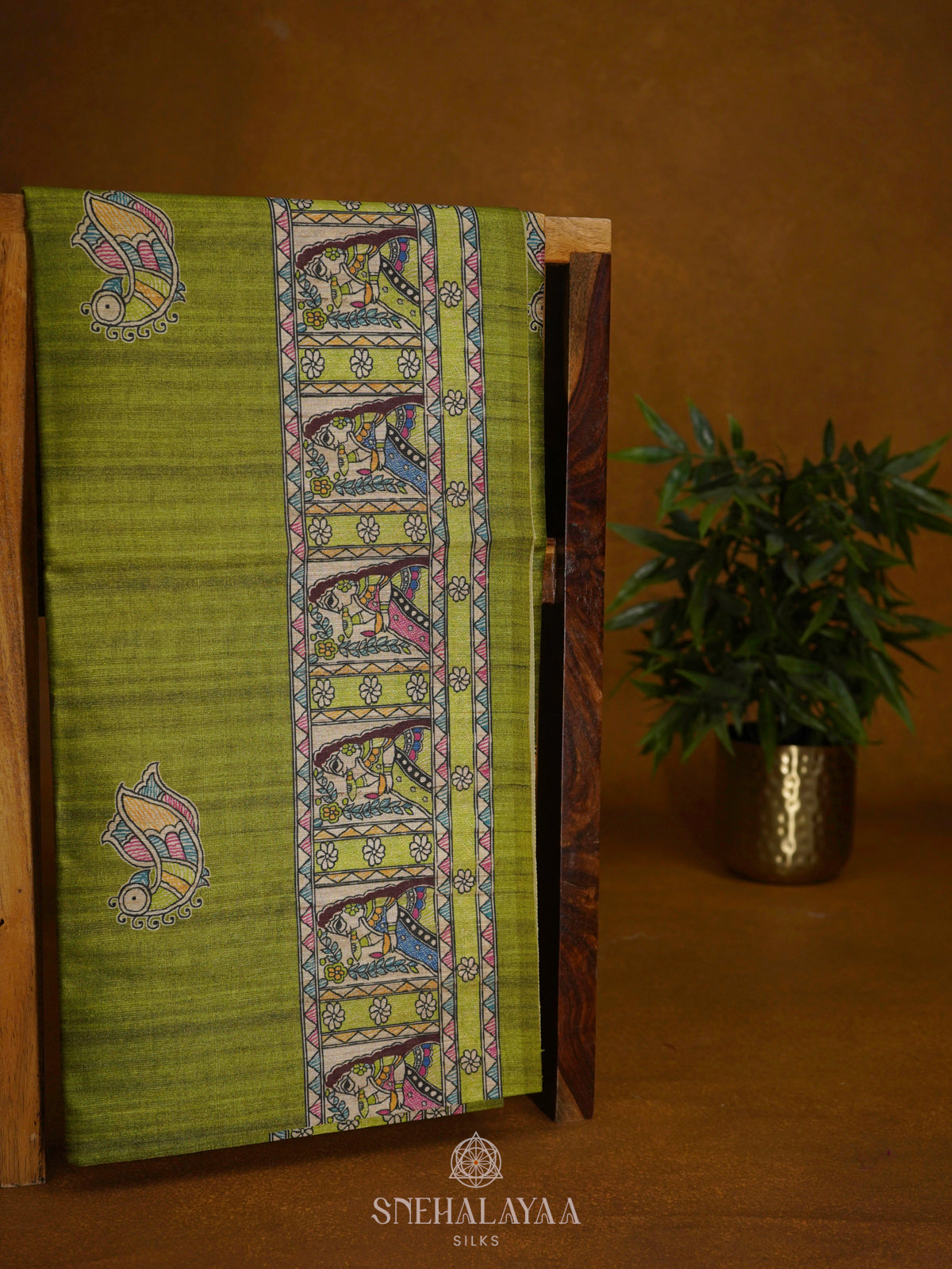Lime Green Printed Madhubani Saree