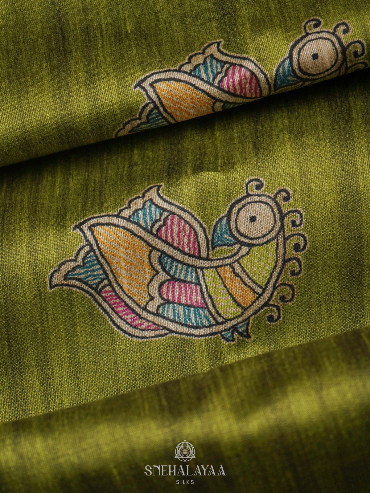 Lime Green Printed Madhubani Saree