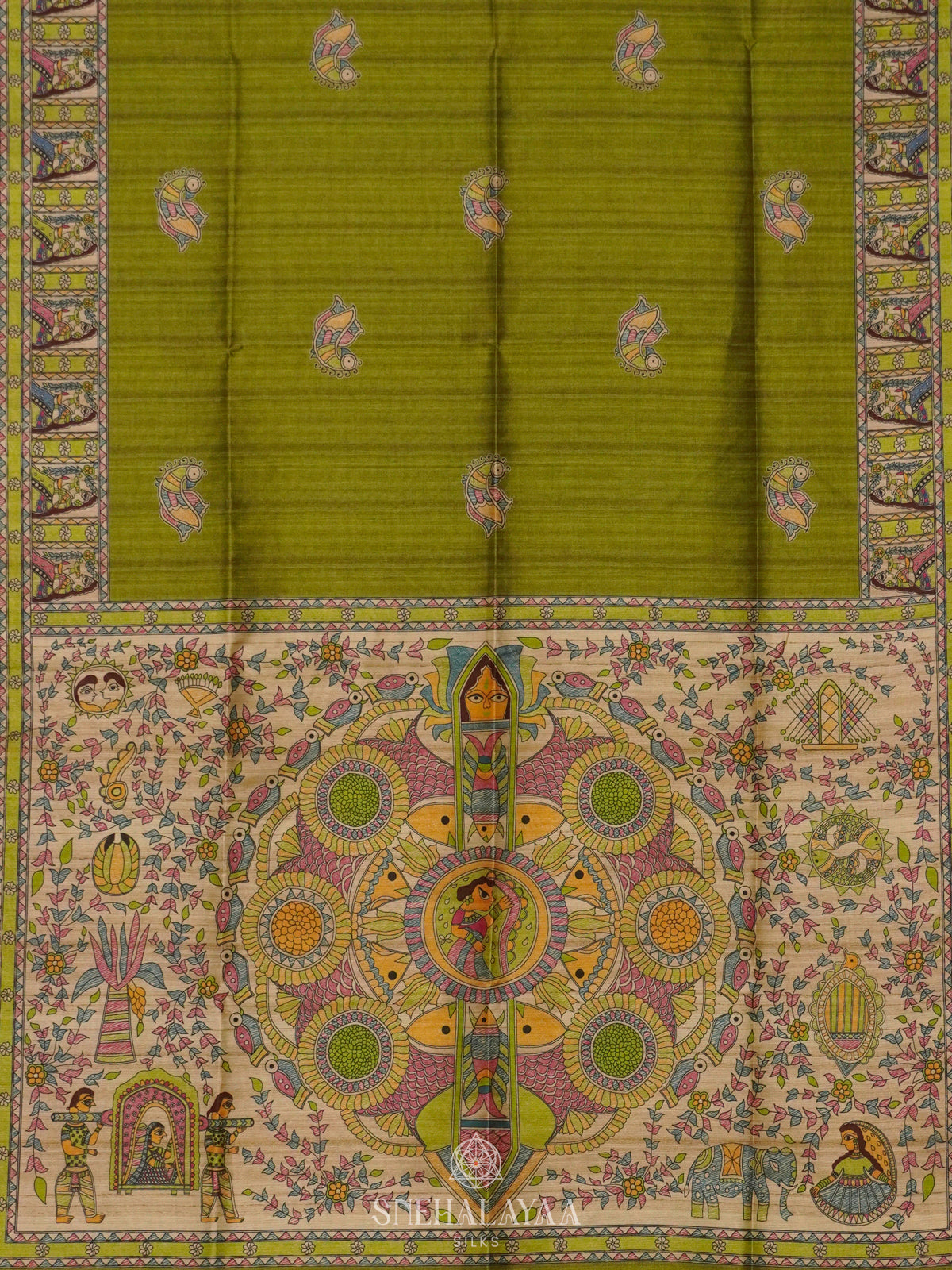 Lime Green Printed Madhubani Saree