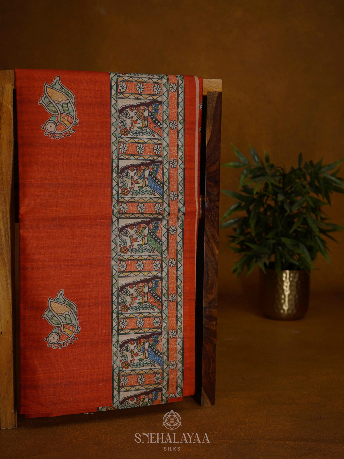 Rust Orange Printed Madhubani Saree