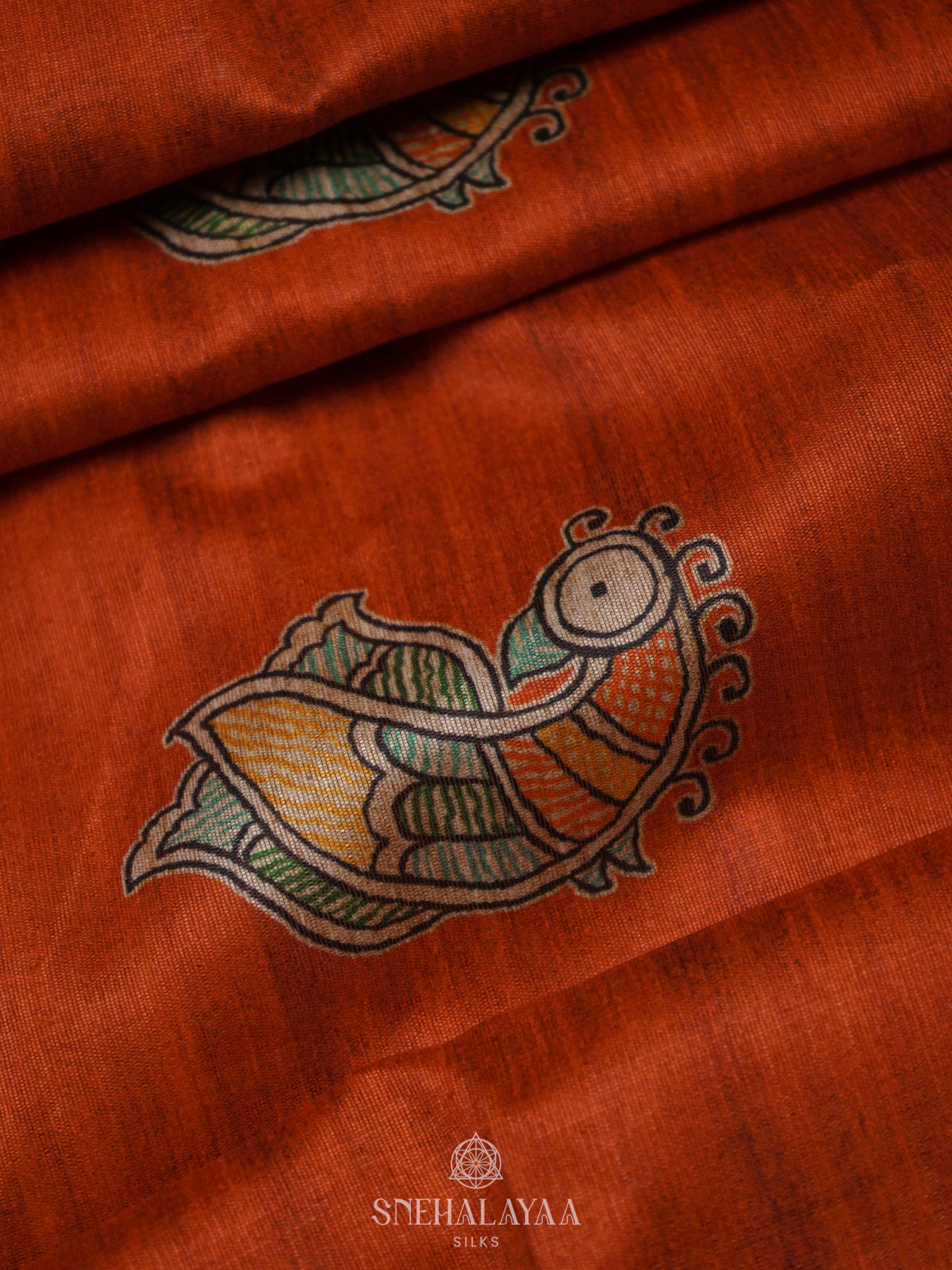 Rust Orange Printed Madhubani Saree