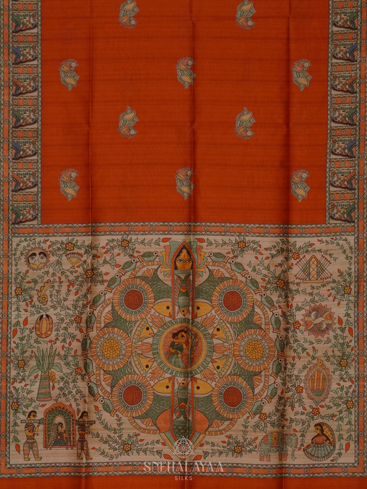 Rust Orange Printed Madhubani Saree