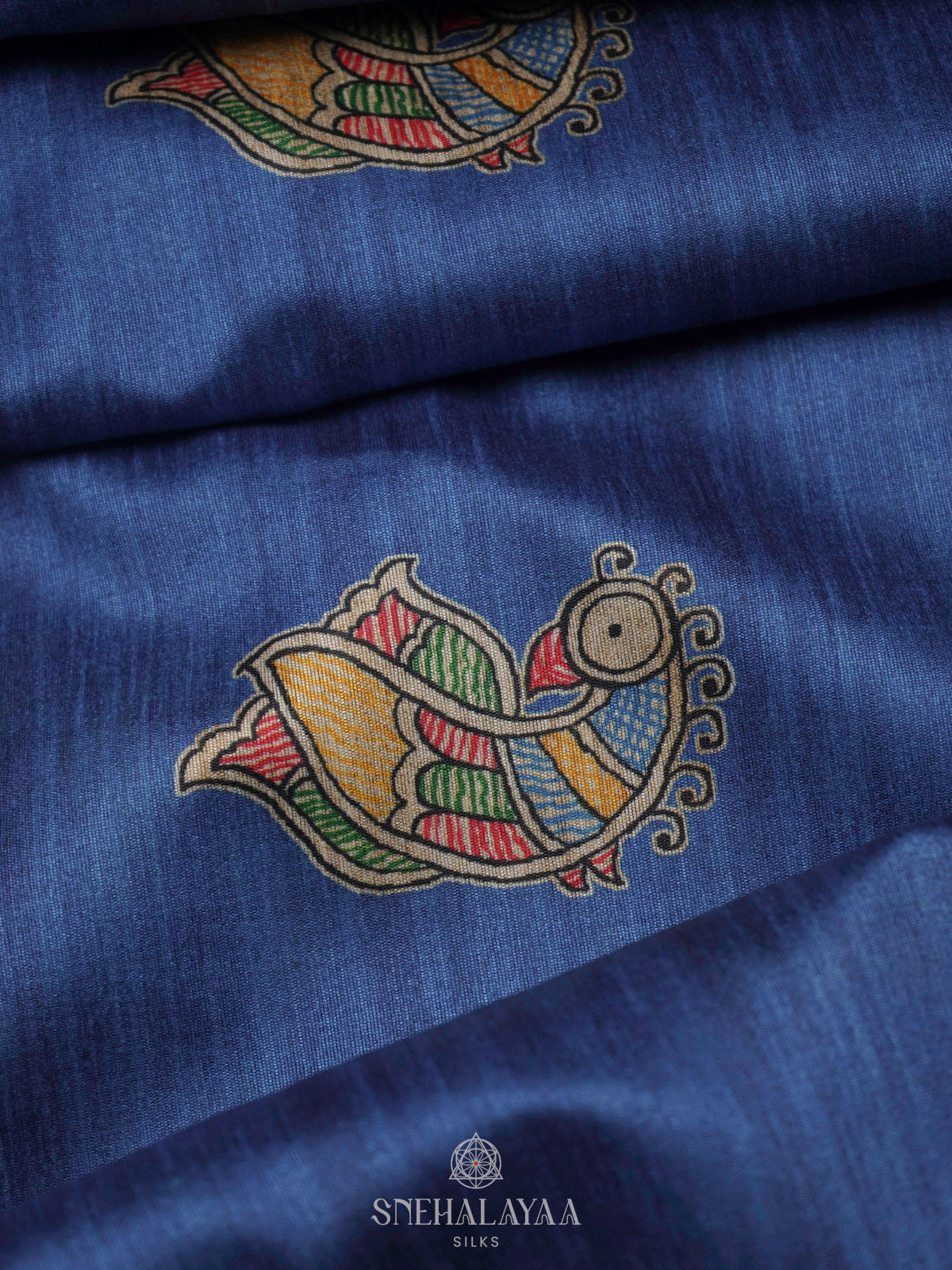 Blue Printed Madhubani Saree