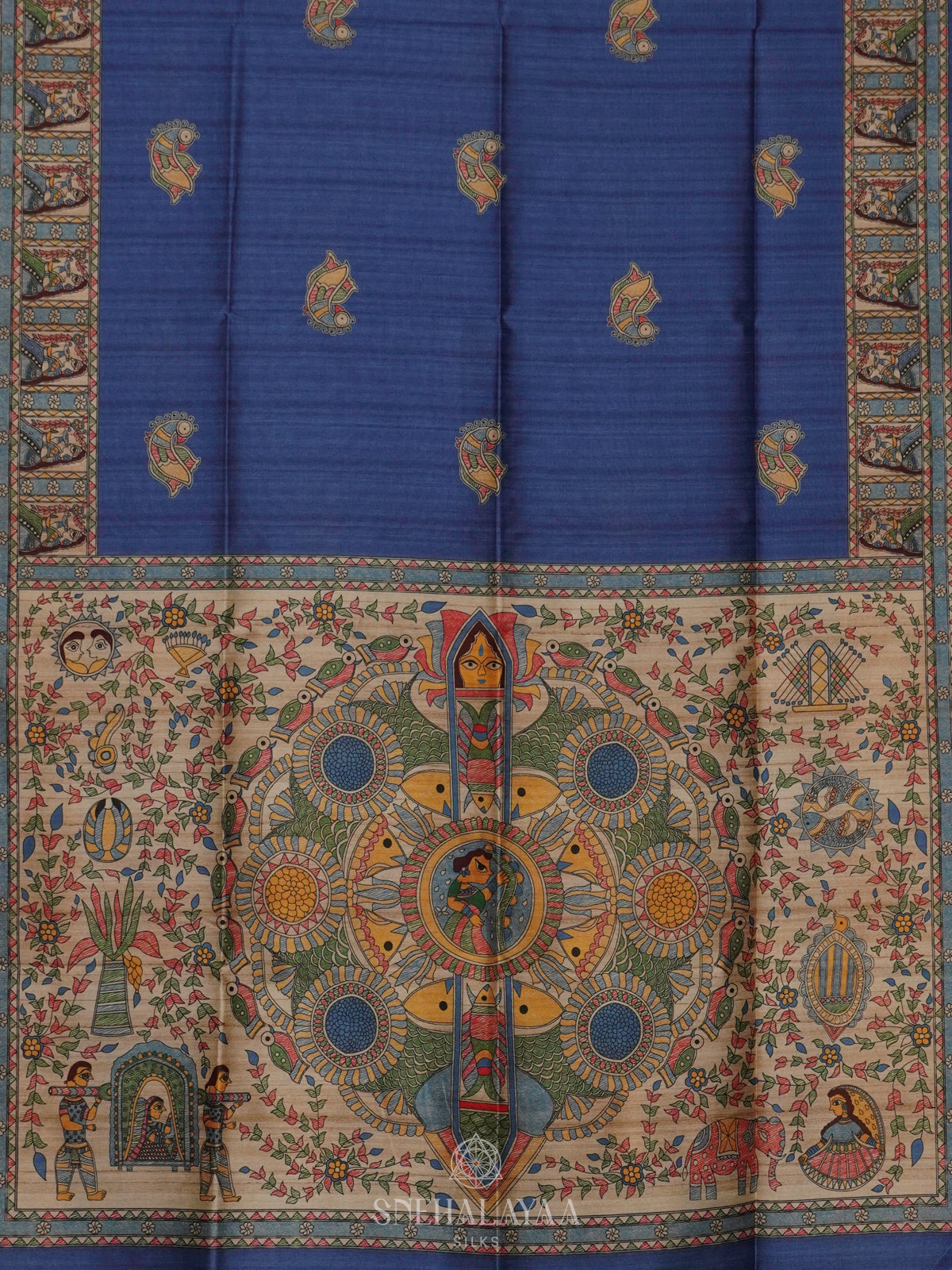 Blue Printed Madhubani Saree