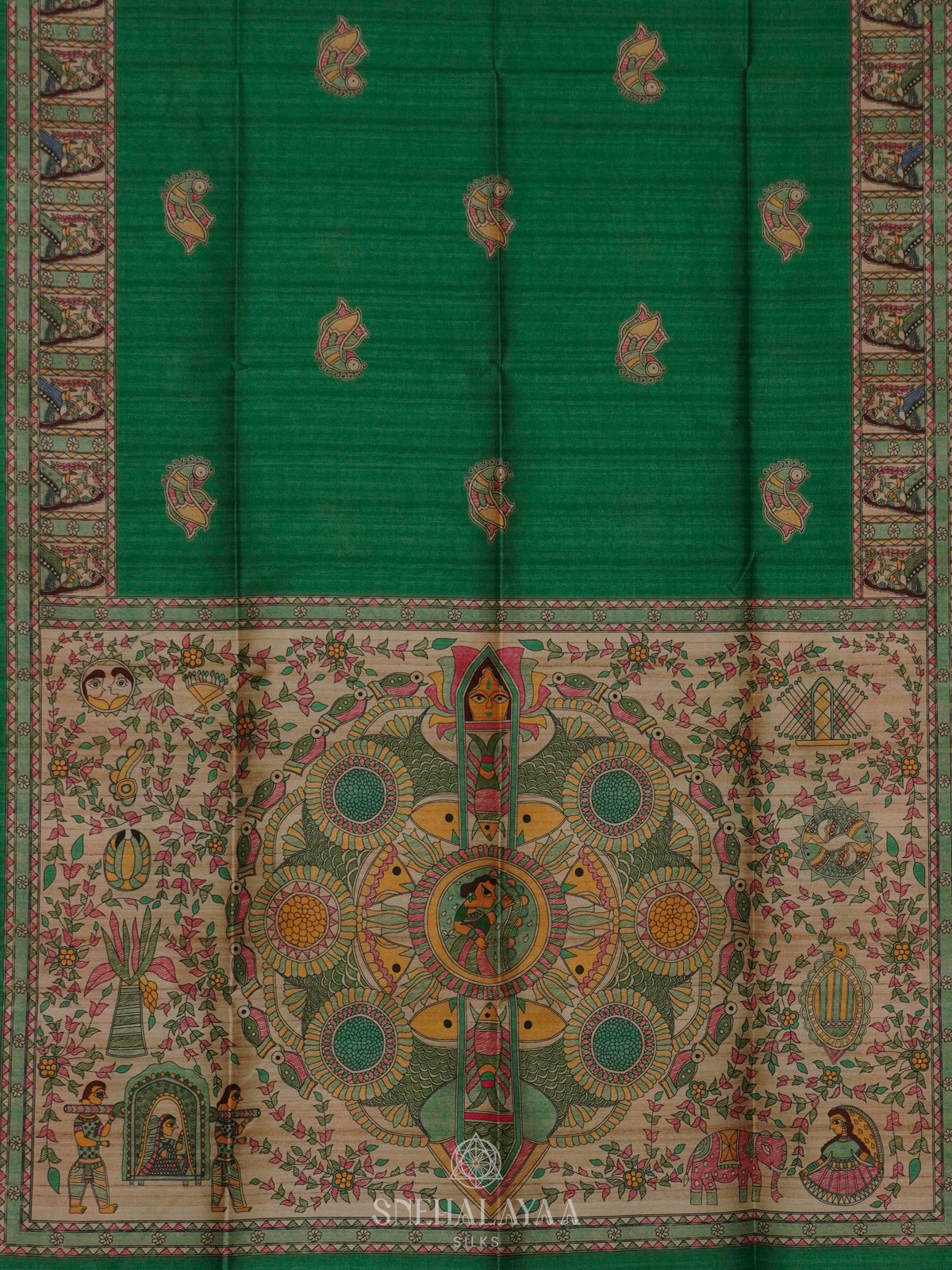Green Printed Madhubani Saree