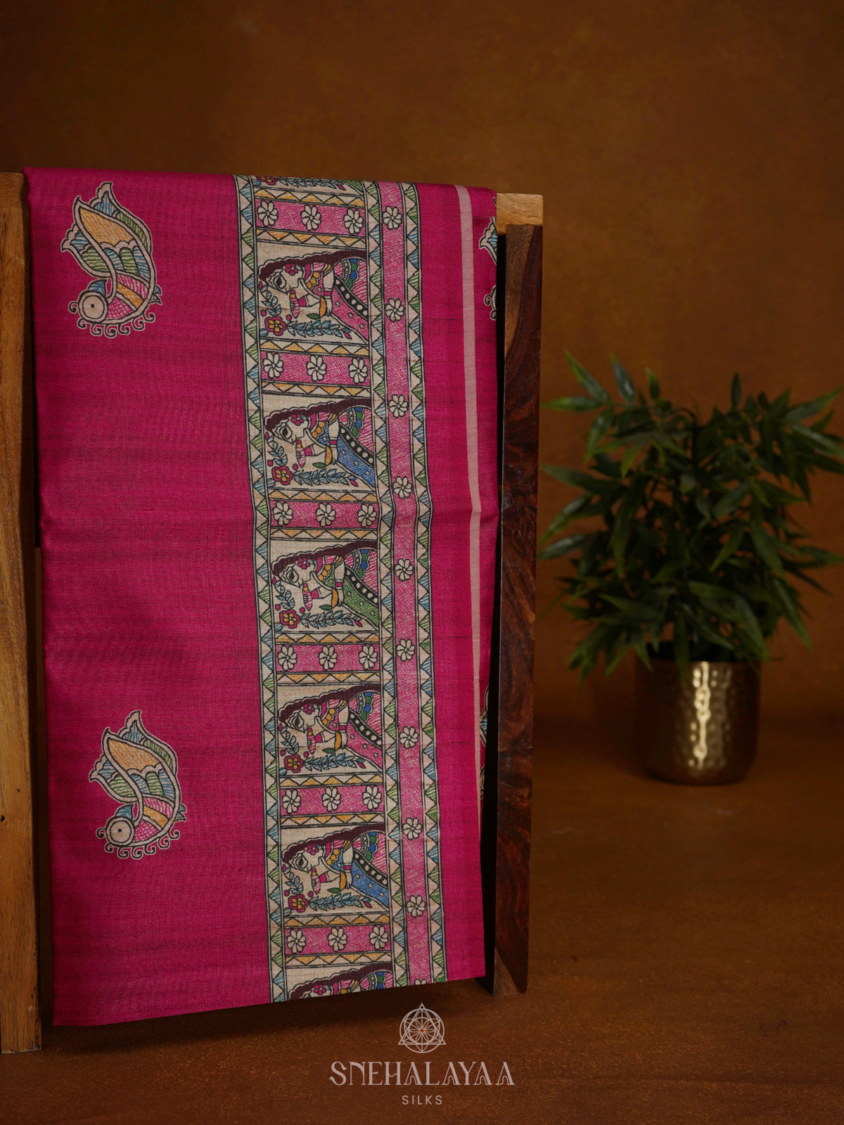 Magenta Pink Printed Madhubani Saree