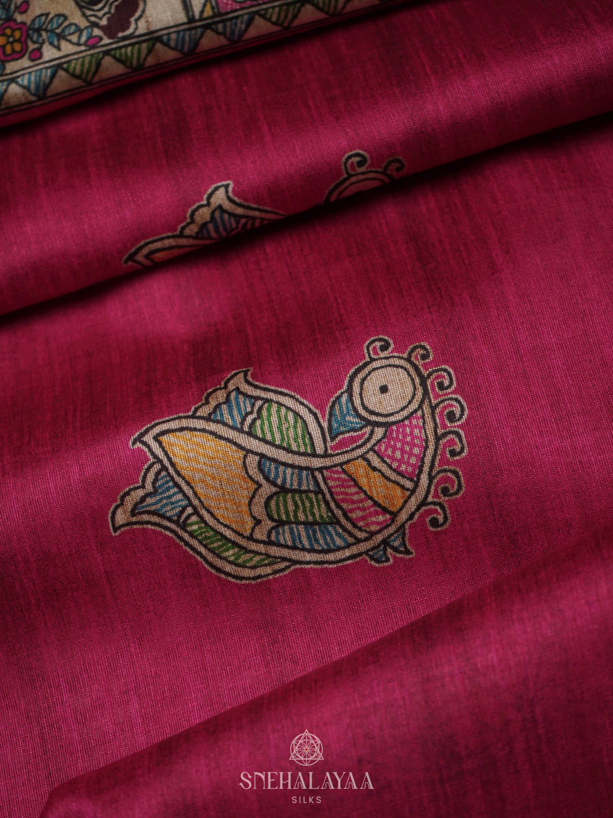 Magenta Pink Printed Madhubani Saree