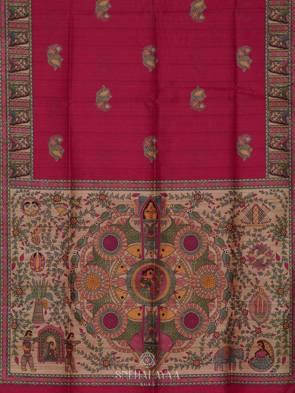 Magenta Pink Printed Madhubani Saree