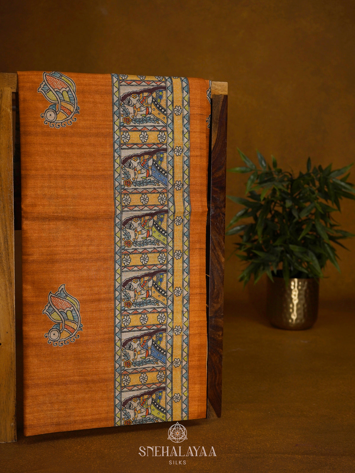 Orange Printed Madhubani Saree