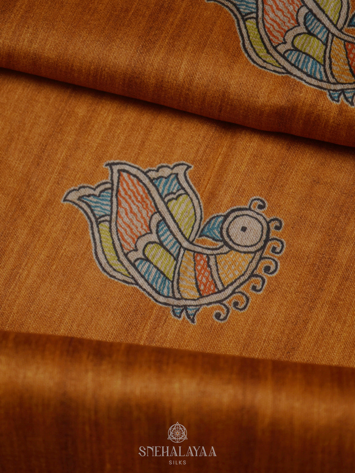 Orange Printed Madhubani Saree