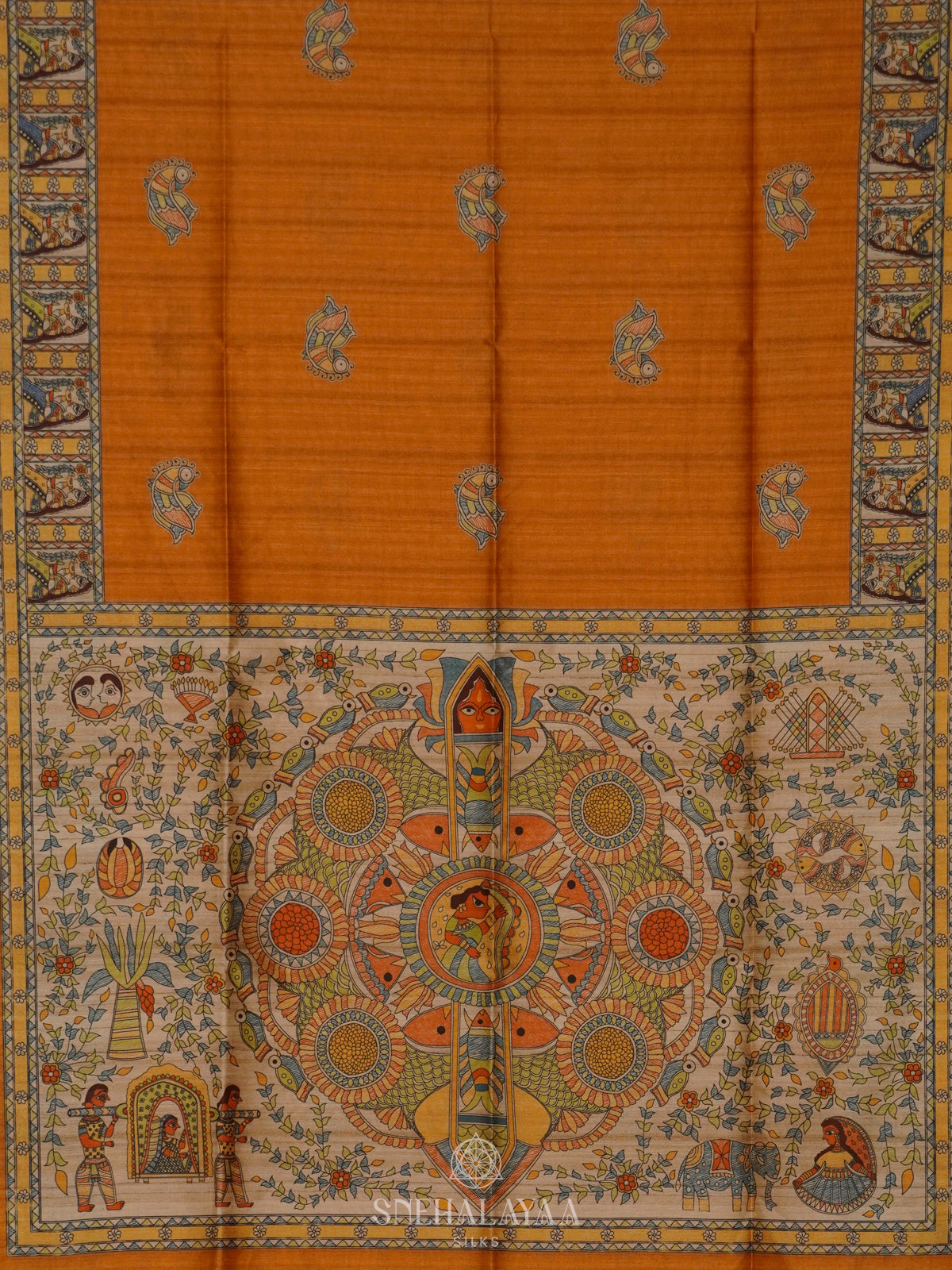 Orange Printed Madhubani Saree