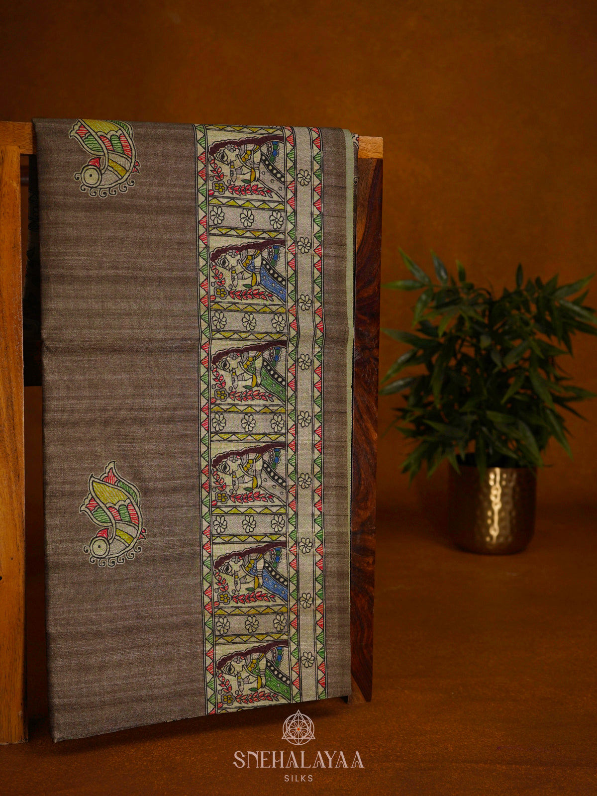Brown Printed Madhubani Saree