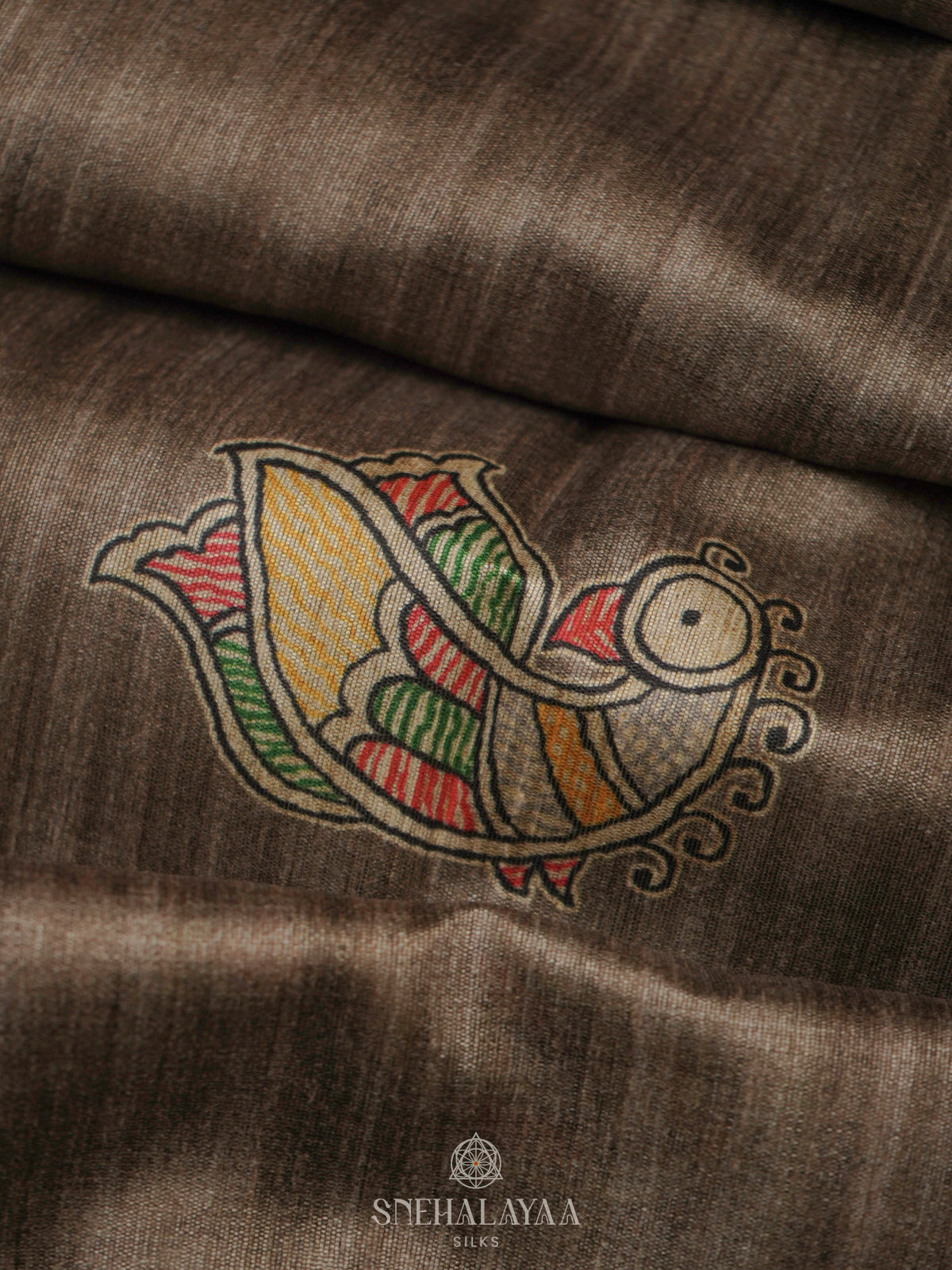 Brown Printed Madhubani Saree