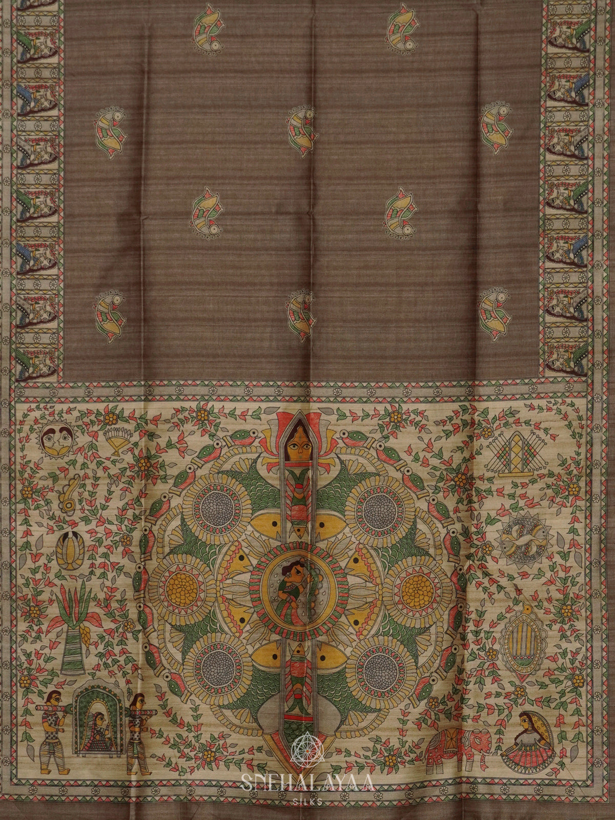 Brown Printed Madhubani Saree