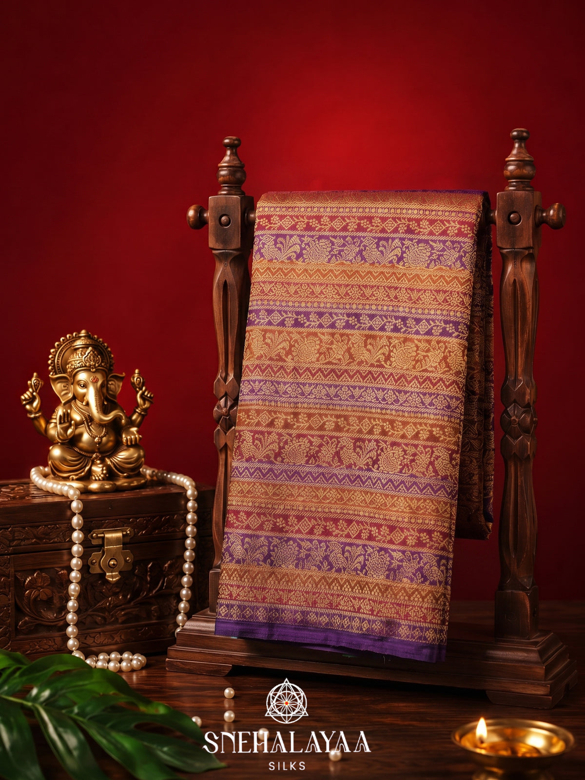 Emerald Green Kanjivaram Silk Saree with Gold Checks Butta | Purple Zari Border & Rich Pallu