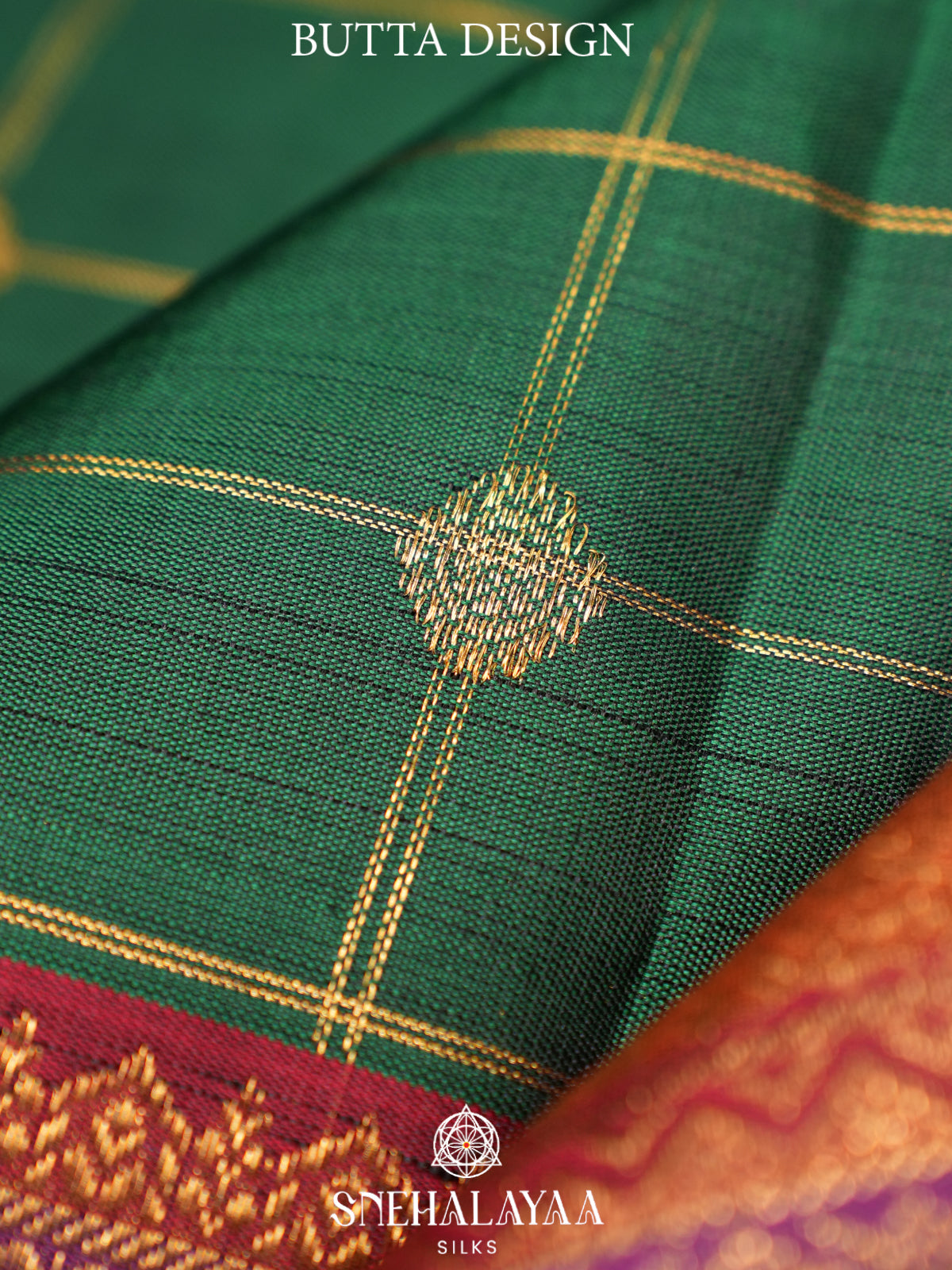 Emerald Green Kanjivaram Silk Saree with Gold Checks Butta | Purple Zari Border & Rich Pallu