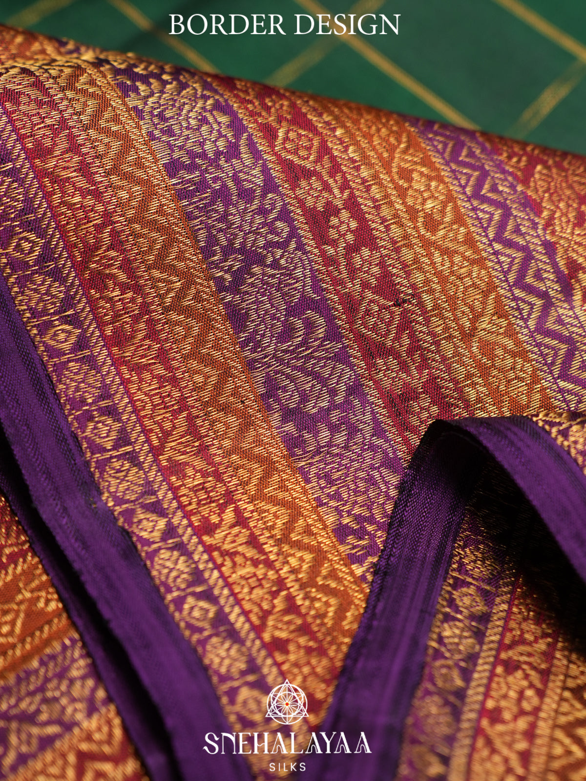 Emerald Green Kanjivaram Silk Saree with Gold Checks Butta | Purple Zari Border & Rich Pallu