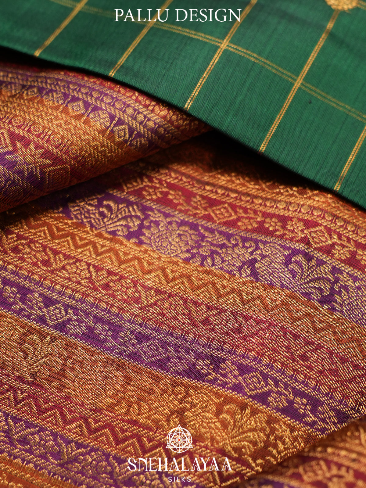 Emerald Green Kanjivaram Silk Saree with Gold Checks Butta | Purple Zari Border & Rich Pallu