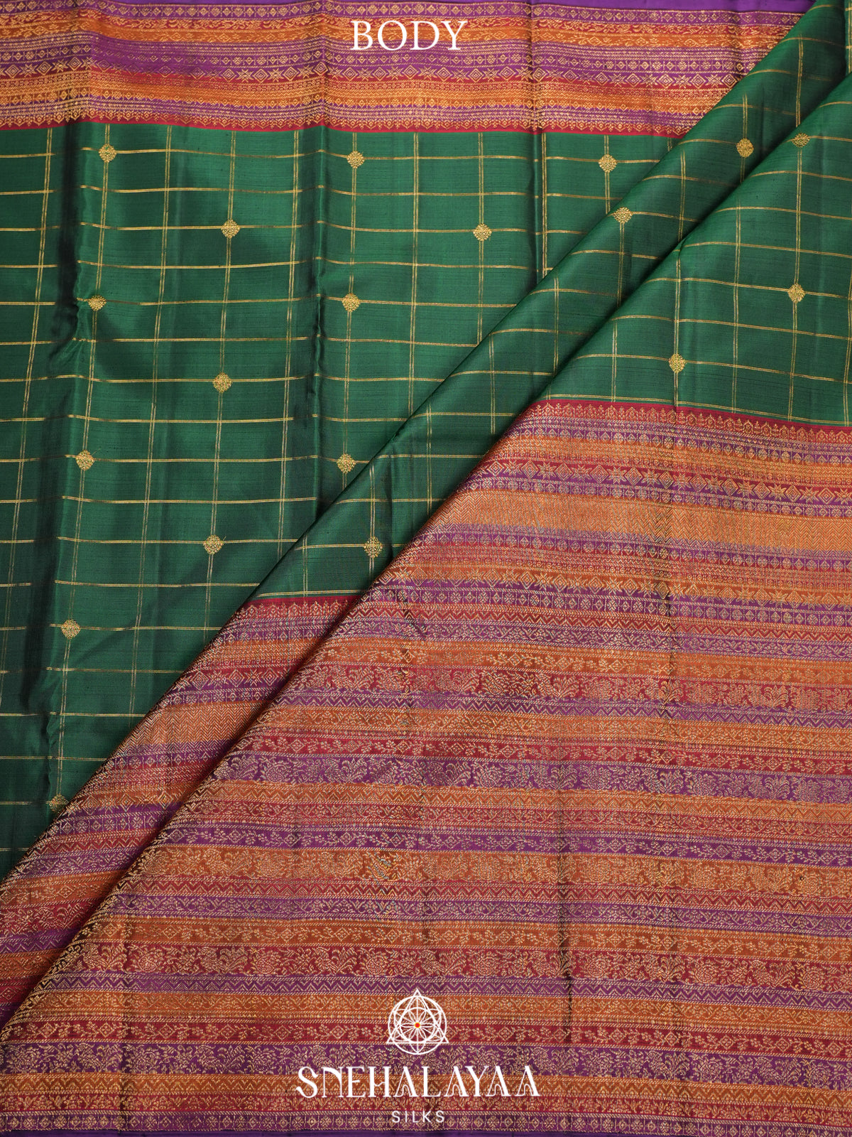 Emerald Green Kanjivaram Silk Saree with Gold Checks Butta | Purple Zari Border & Rich Pallu