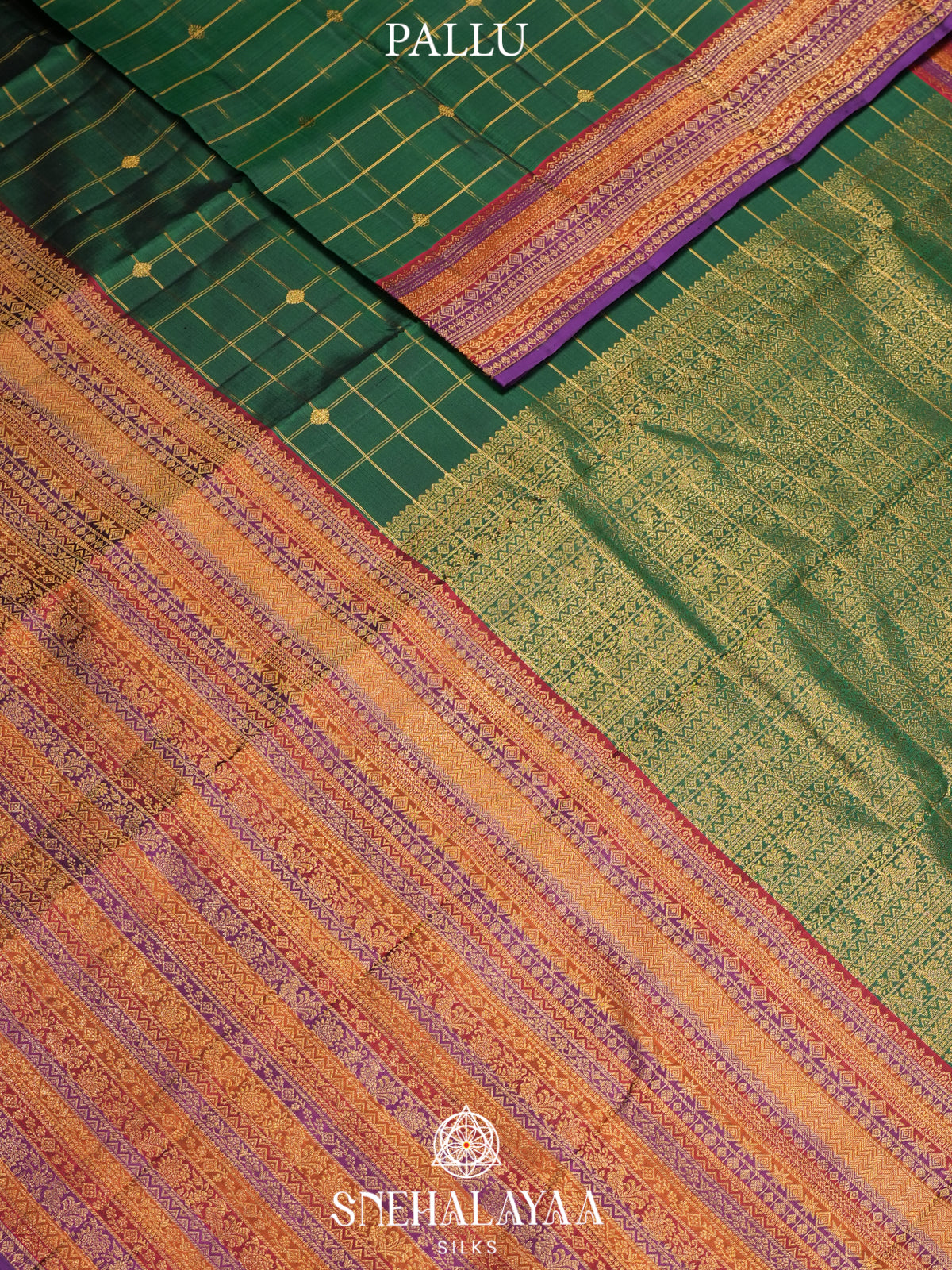 Emerald Green Kanjivaram Silk Saree with Gold Checks Butta | Purple Zari Border & Rich Pallu