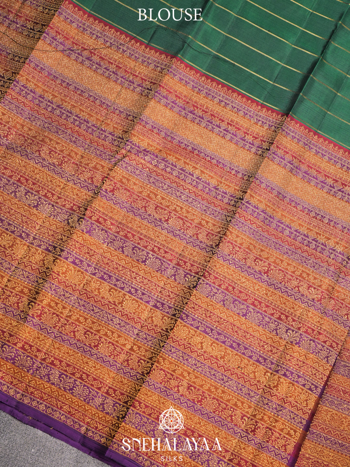 Emerald Green Kanjivaram Silk Saree with Gold Checks Butta | Purple Zari Border & Rich Pallu