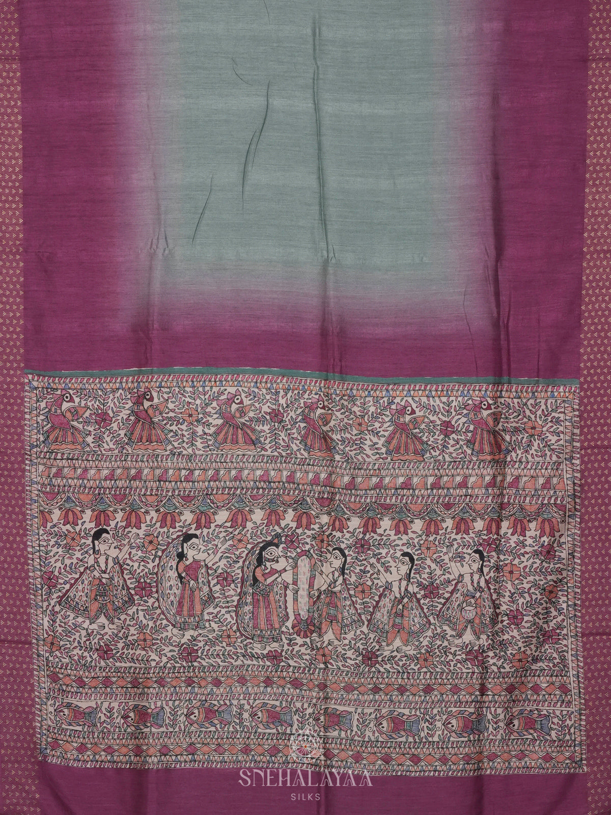 Magenta with Teal Green Tussar Saree