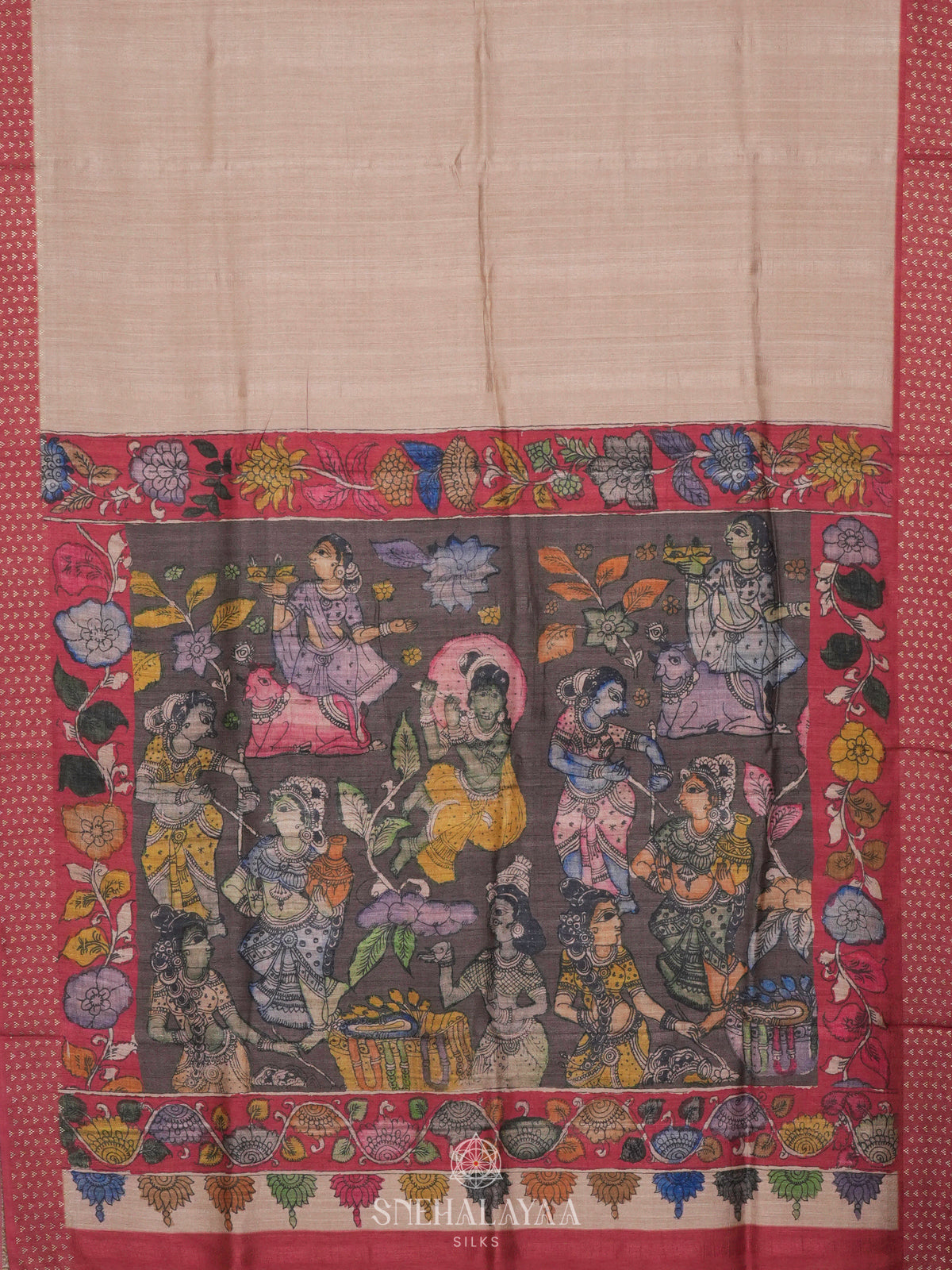 Beige with Marron Tussar Saree