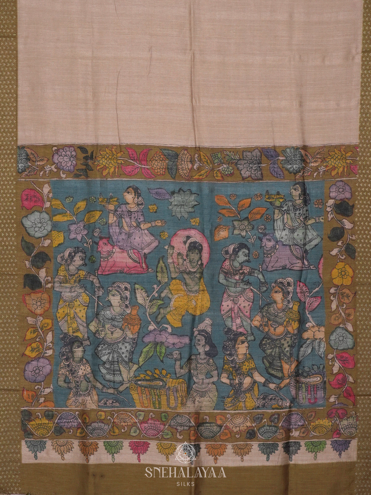 Beige with Olive Green Tussar Saree