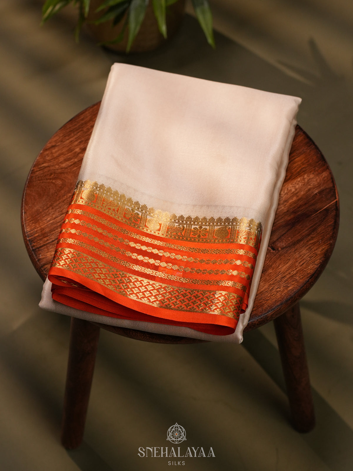 Cream Mysore Crepe Silk Saree