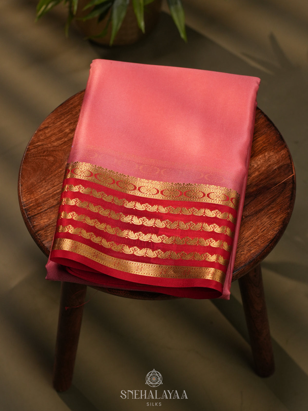 Coral Pink Mysore Crepe Silk Saree