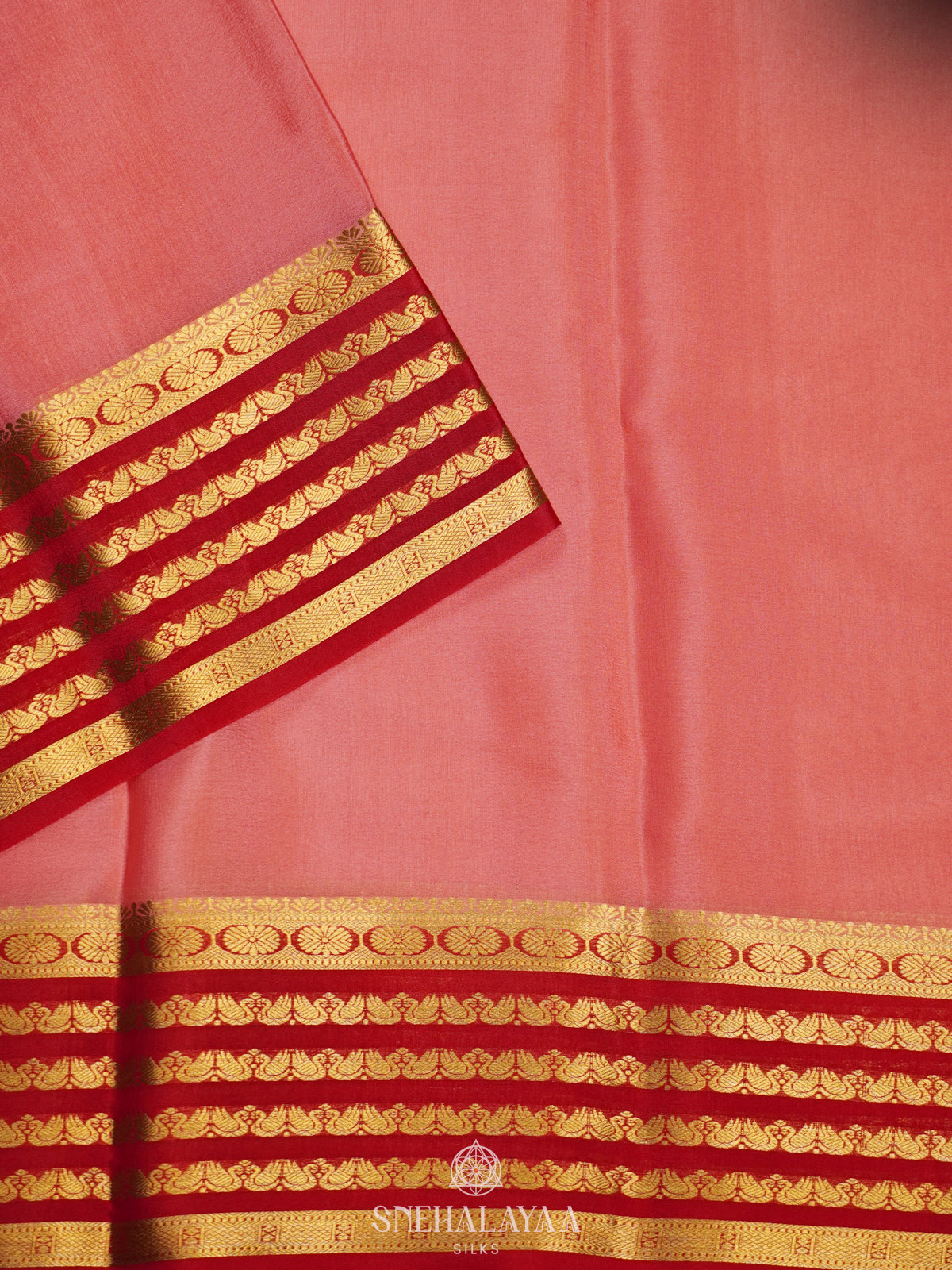 Coral Pink Mysore Crepe Silk Saree