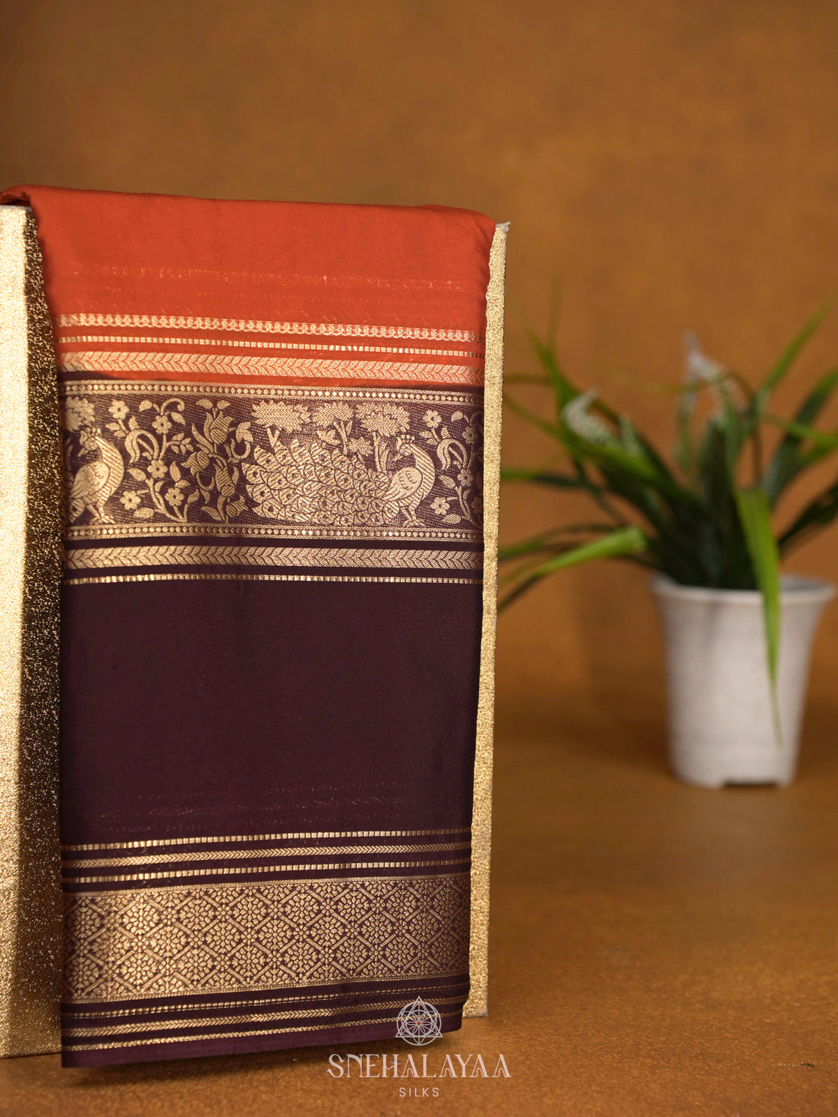 Burnt Orange Mysore Silk Saree